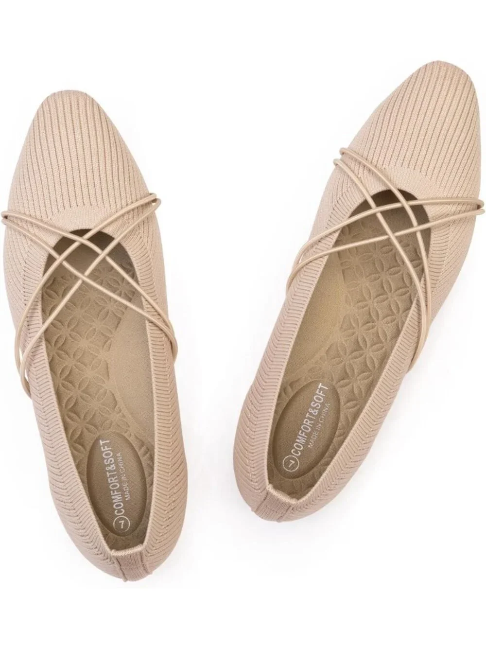 Women's Nude Square Toe Flats Comfortable Knit Ballet Flats with Cross Strap